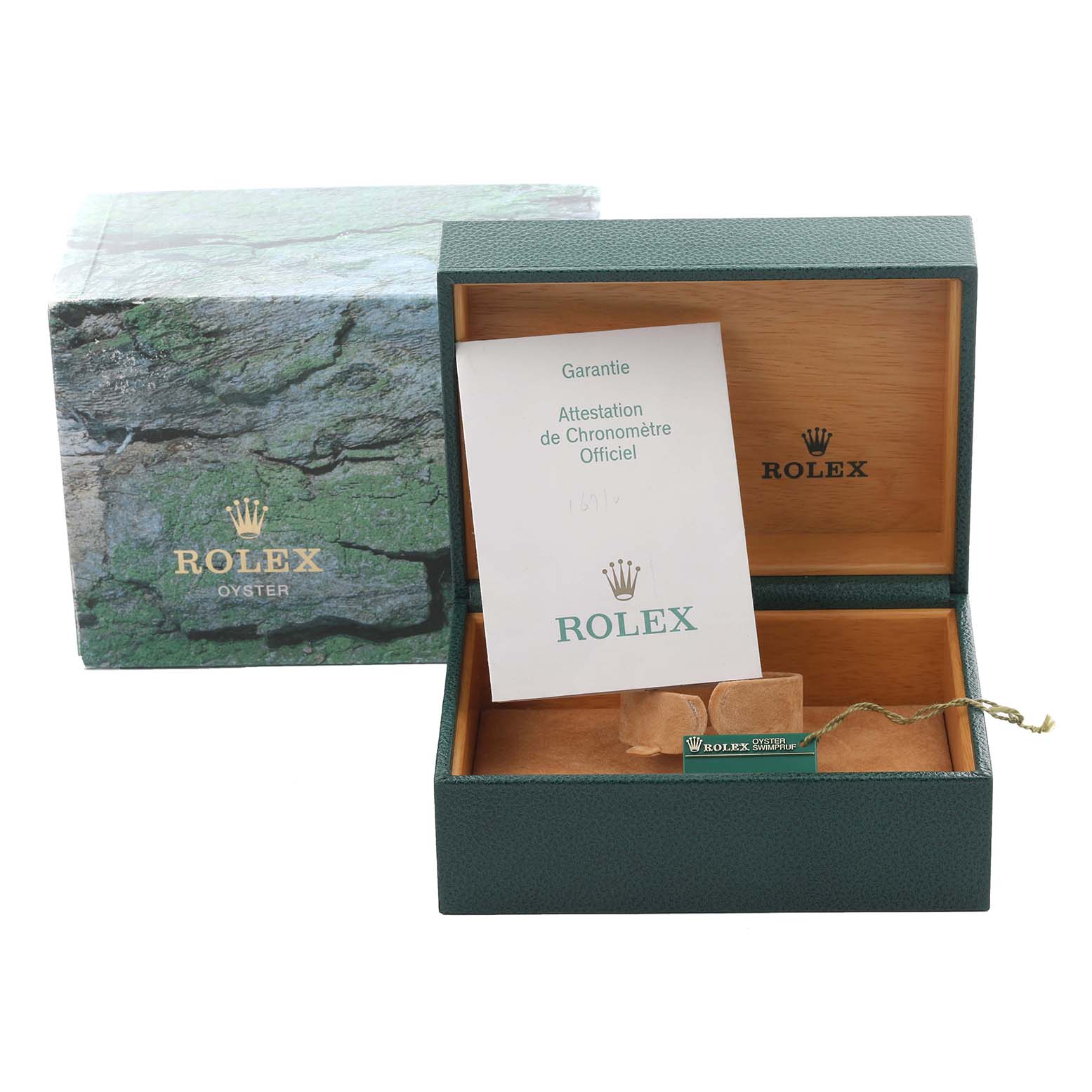 The image shows the packaging and guarantee card for a Rolex GMT-Master 16710 Men's Stainless Steel Black Dial 16710 Men's Stainless Steel Black Dial watch.