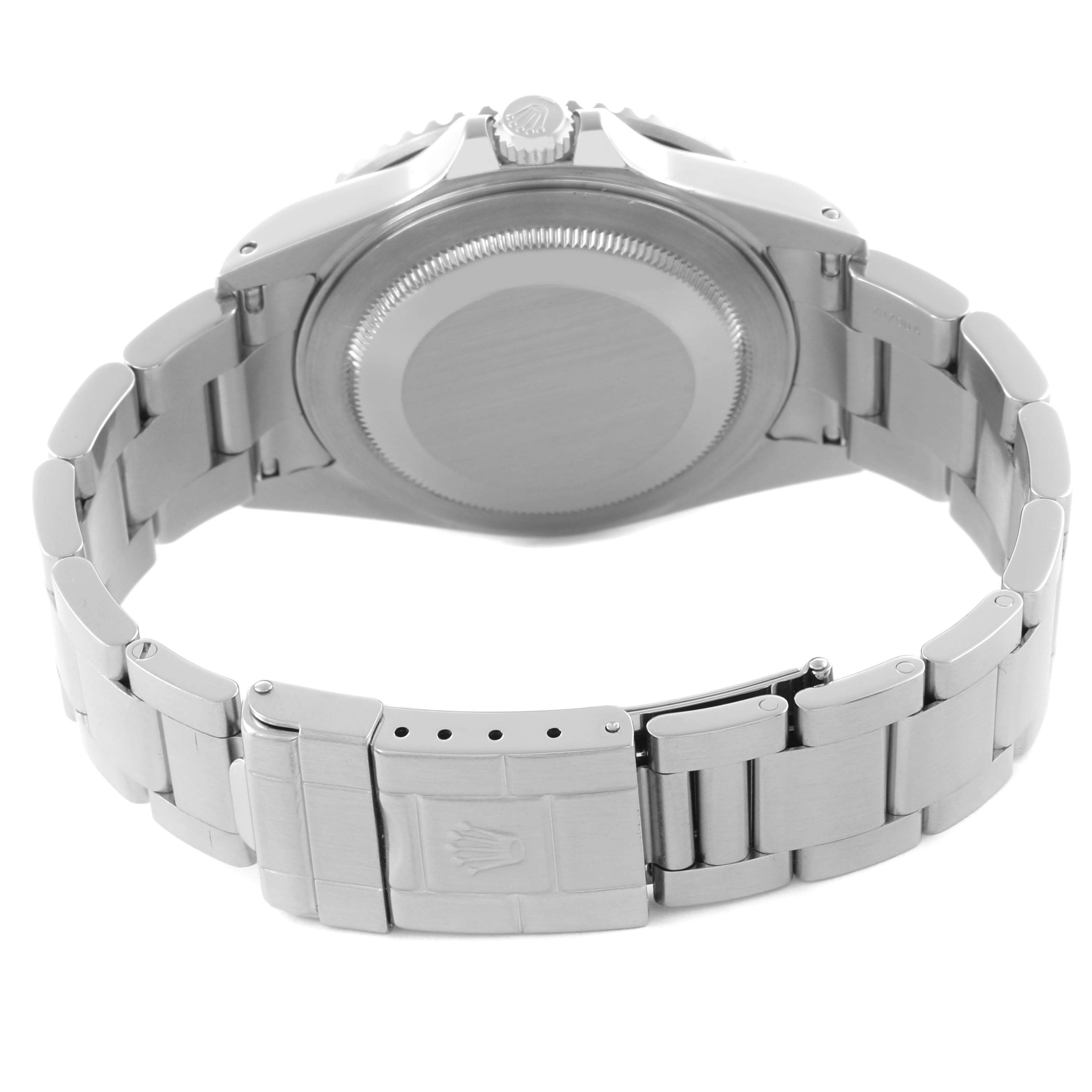 The image shows the back and bracelet of a Rolex GMT-Master 16710 Men's Stainless Steel Black Dial 16710 Men's Stainless Steel Black Dial, highlighting the clasp and case back.