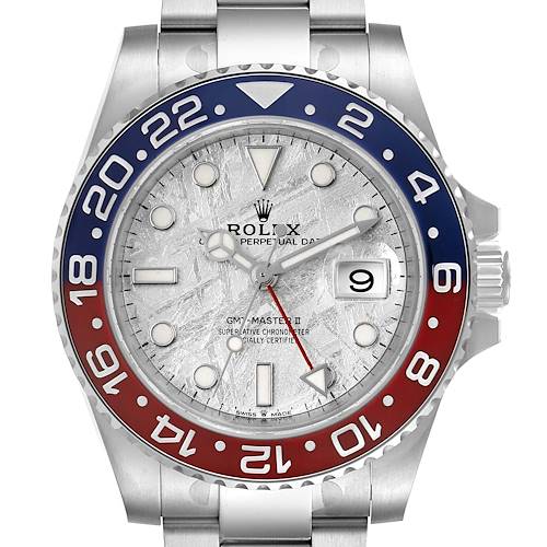 The image shows a front view of a Rolex GMT-Master 126719 Men's White Gold Silver Dial 126719 Men's White Gold Silver Dial II watch with a red and blue bezel and a date window.