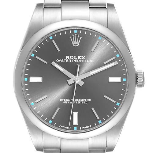 The image shows a close-up front view of a Rolex Oyster Perpetual 114300 Men's Stainless Steel Grey Dial 114300 Men's Stainless Steel Grey Dial watch, highlighting its dial, hands, and crown.