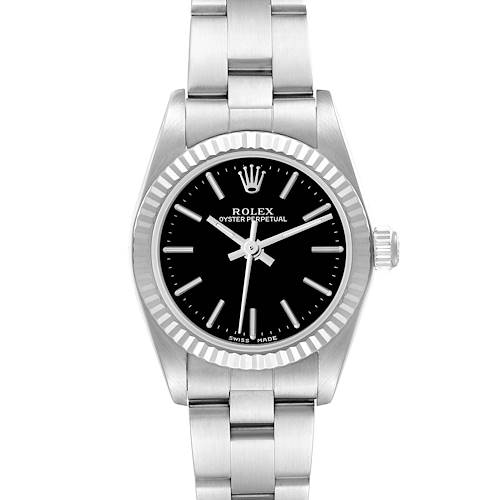 The Rolex Oyster Perpetual 76094 Women's Stainless Steel Black Dial 76094 Women's Stainless Steel Black Dial watch is shown from a front angle, displaying its face, bezel, crown, and part of the bracelet.