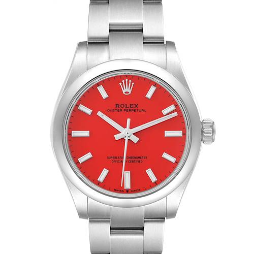 The Rolex Mid-Size 277200 Women's Stainless Steel Red Dial 277200 Women's Stainless Steel Red Dial watch is shown from a front view, highlighting the red dial, silver markers, and metallic bracelet.