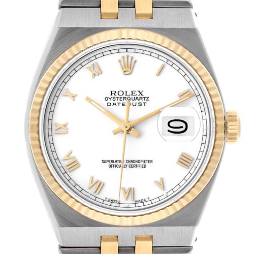 The image shows a front view of a Rolex Oysterquartz 17013 Men's Steel and Gold (two tone) White Dial 17013 Men's Steel and Gold (two tone) White Dial watch, highlighting the dial, bezel, and crown.