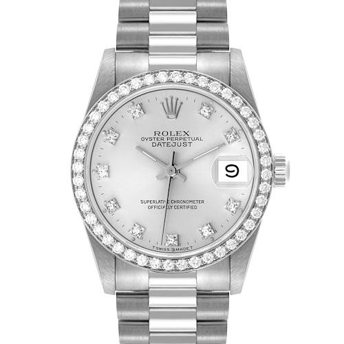 The Rolex President 68289 Women's White Gold Silver Dial 68289 Women's White Gold Silver Dial model watch is shown from the front, featuring the face, bezel, and part of the bracelet.