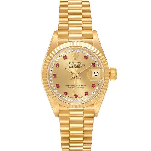 The Rolex President 69178 Women's Yellow Gold Champagne Dial 69178 Women's Yellow Gold Champagne Dial model watch is shown from a top-down angle featuring its dial, bezel, crown, and bracelet.