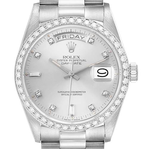The Rolex President 18049 Men's White Gold Silver Dial 18049 Men's White Gold Silver Dial watch is shown from the front, highlighting the dial, bezel, and part of the bracelet.