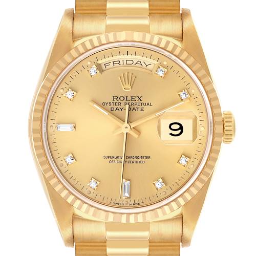 The Rolex President 18238 Men's Yellow Gold Champagne Dial 18238 Men's Yellow Gold Champagne Dial model is shown from the front, displaying the dial, day-date window, bezel, and part of the bracelet.