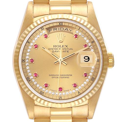 The Rolex President 18238 Men's Yellow Gold Champagne Dial 18238 Men's Yellow Gold Champagne Dial watch is shown from the front, highlighting the dial, day-date display, and part of the bracelet.