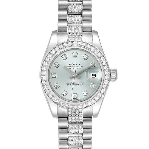 This image shows a frontal view of a Rolex President 179136 Women's Platinum Silver Dial 179136 Women's Platinum Silver Dial model watch, featuring a diamond-studded bezel and bracelet, with a date display.