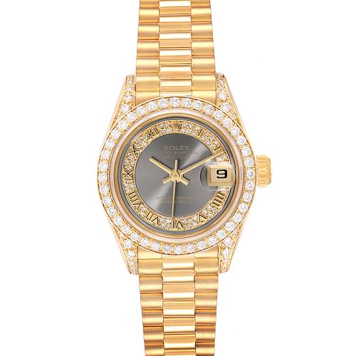The image shows a Rolex President 69158 Women's Yellow Gold Grey Dial 69158 Women's Yellow Gold Grey Dial model watch from a front angle, displaying its face, diamonds, and bracelet.