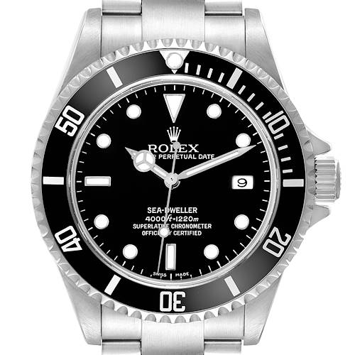 The Rolex Sea-Dweller 16600 Men's Stainless Steel Black Dial 16600 Men's Stainless Steel Black Dial watch is shown from the front, displaying the dial, bezel, crown, and a portion of the bracelet.
