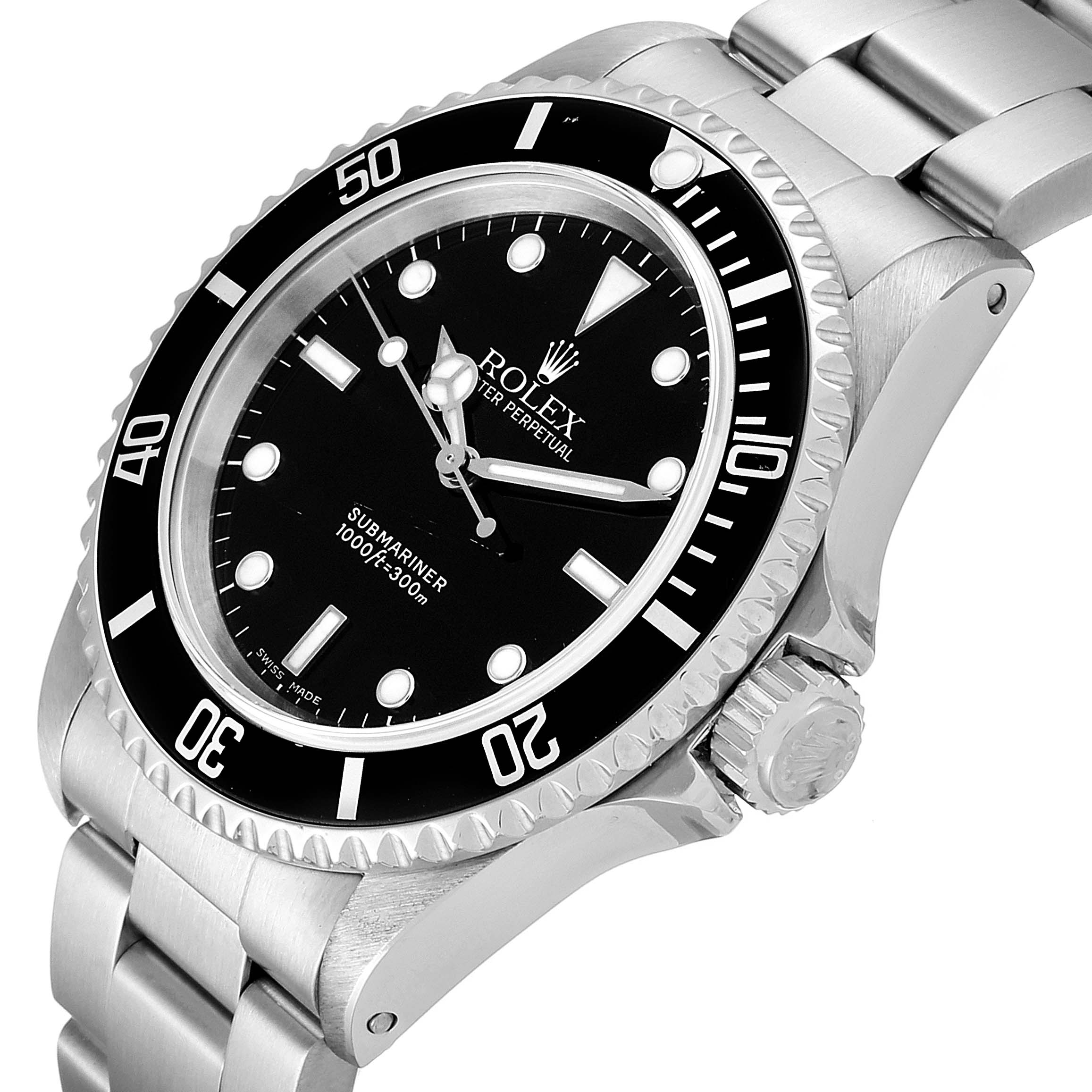The image shows a Rolex Submariner 14060M Men's Stainless Steel Black Dial 14060M Men's Stainless Steel Black Dial watch at a slight angle, highlighting the bezel, crown, dial, and stainless steel bracelet.