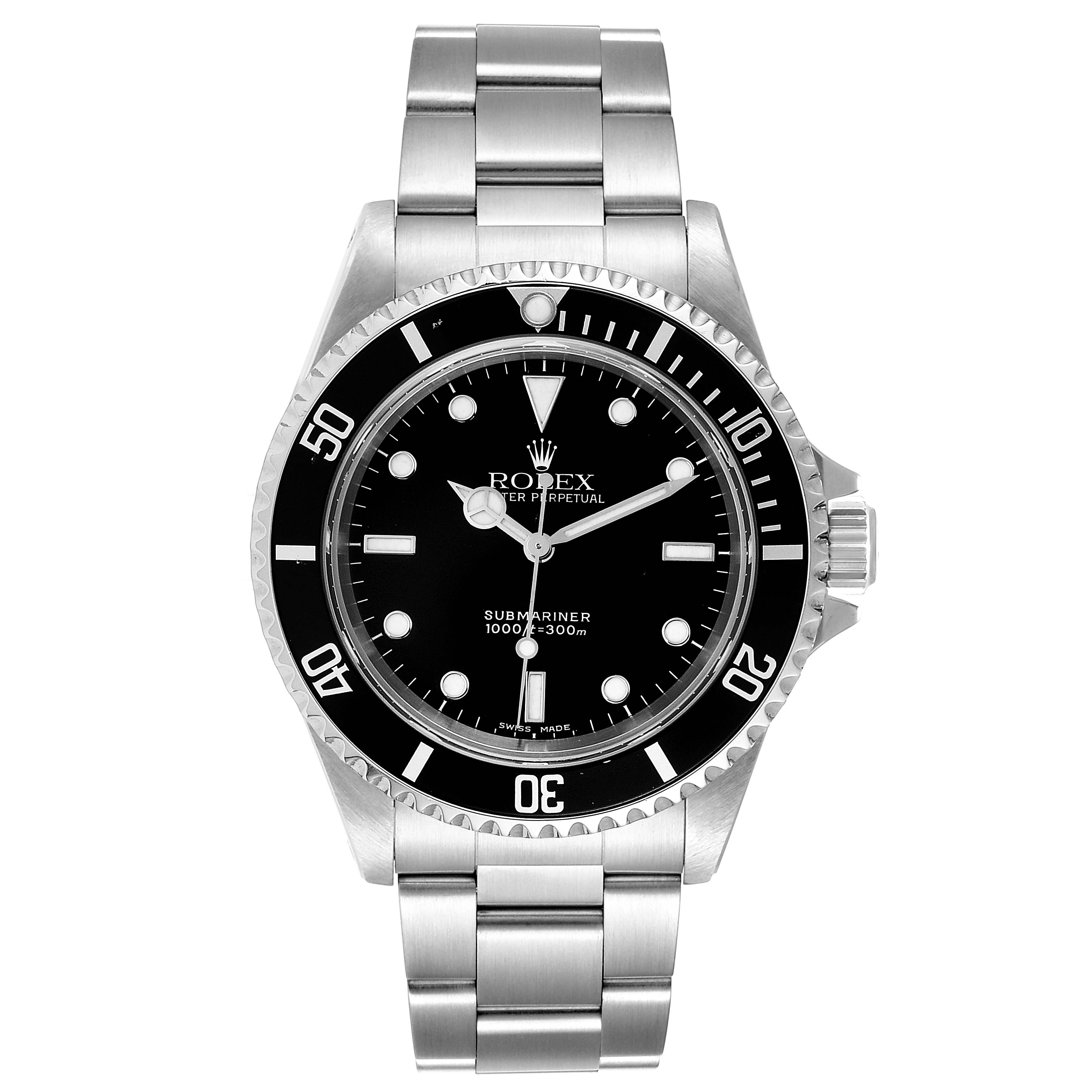 The Rolex Submariner 14060M Men's Stainless Steel Black Dial 14060M Men's Stainless Steel Black Dial is shown from a front view, displaying the face, bezel, and bracelet.