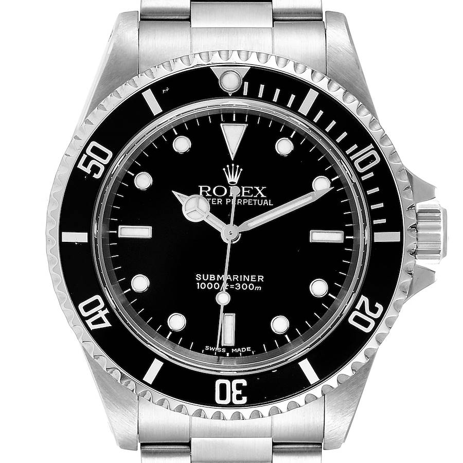 The image shows a front view of the Rolex Submariner 14060M Men's Stainless Steel Black Dial 14060M Men's Stainless Steel Black Dial watch, displaying its dial, bezel, and part of the metal bracelet.