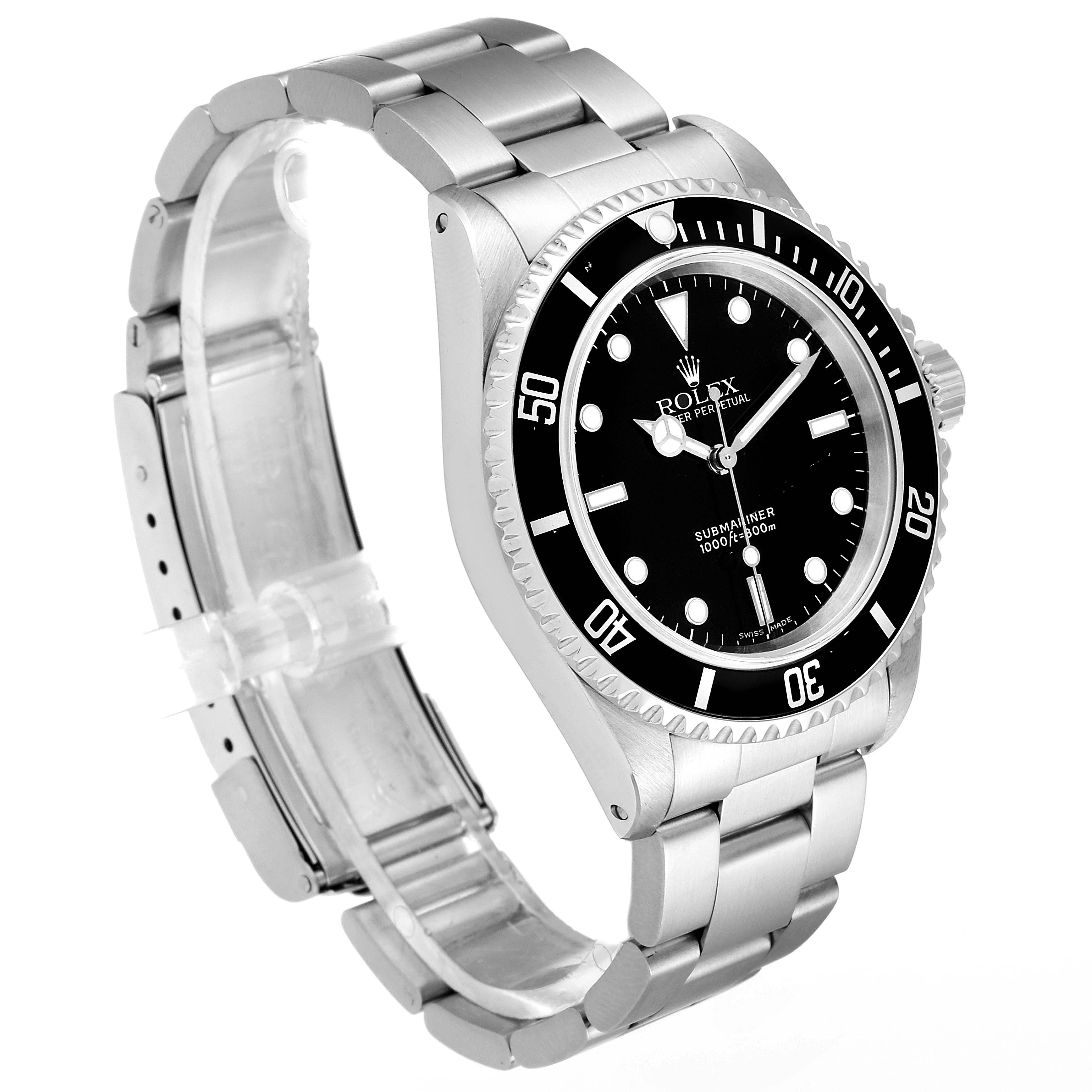 The image shows a side angle view of the Rolex Submariner 14060M Men's Stainless Steel Black Dial 14060M Men's Stainless Steel Black Dial, highlighting its face, bezel, and bracelet.