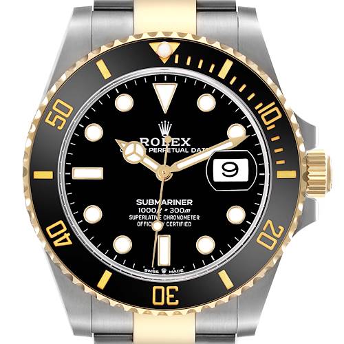 The Rolex Submariner 126613 Men's Steel and Gold (two tone) Black Dial 126613 Men's Steel and Gold (two tone) Black Dial watch is shown from a front angle, highlighting the dial, bezel, and part of the bracelet.