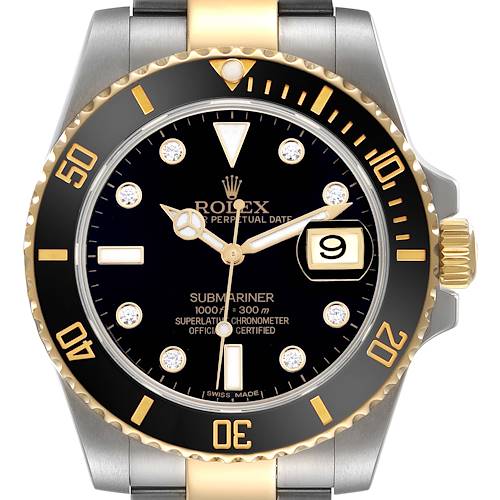 The Rolex Submariner 116613 Men's Steel and Gold (two tone) Black Dial 116613 Men's Steel and Gold (two tone) Black Dial watch is shown from the front, highlighting the bezel, dial, markers, hands, and date window.