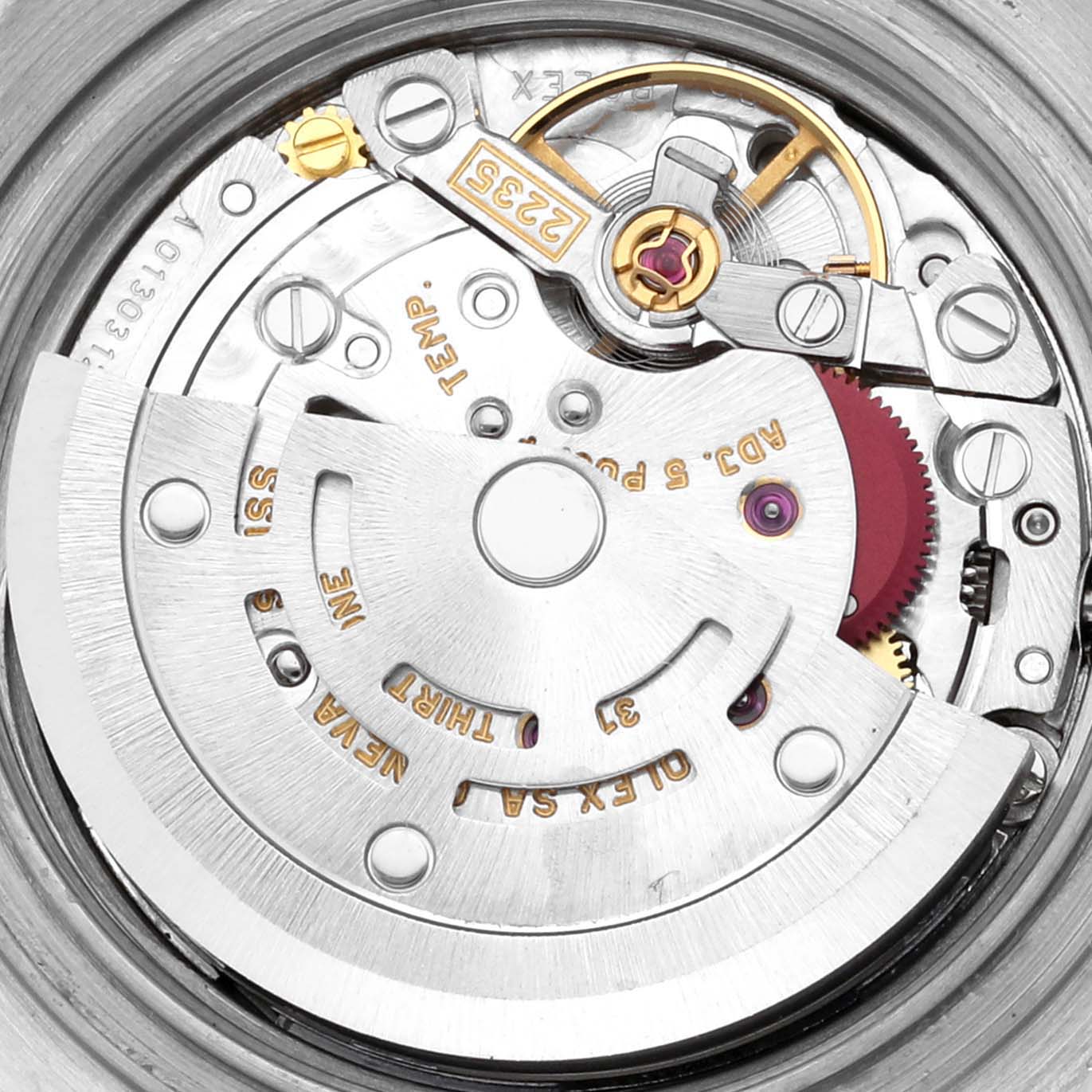 The image shows the movement of a Rolex Yacht-Master 169622 Women's Stainless Steel Silver Dial 169622 Women's Stainless Steel Silver Dial watch from a top-down angle, highlighting intricate components.