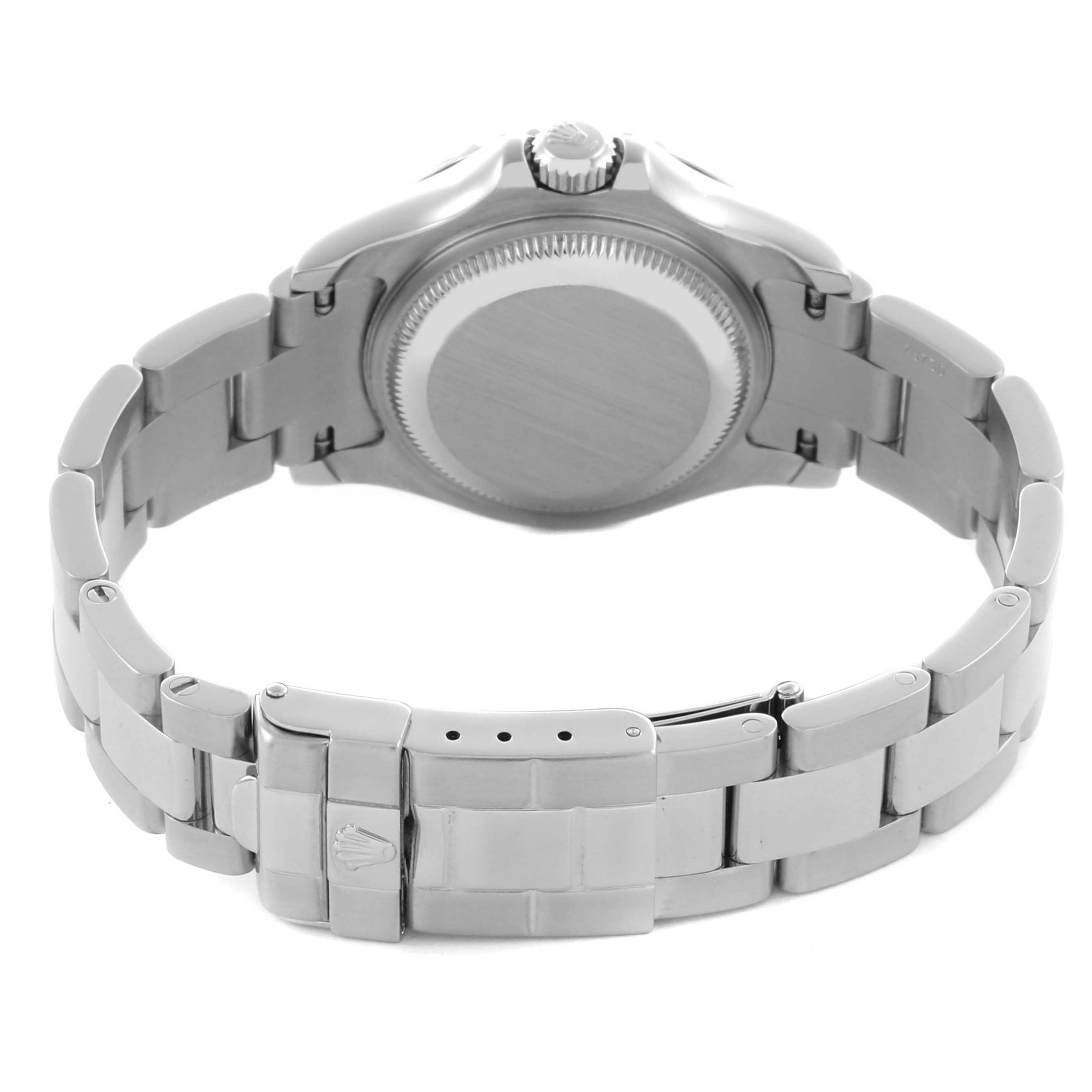 The image shows the back case and bracelet of the Rolex Yacht-Master 169622 Women's Stainless Steel Silver Dial 169622 Women's Stainless Steel Silver Dial watch, focusing on the clasp and links.