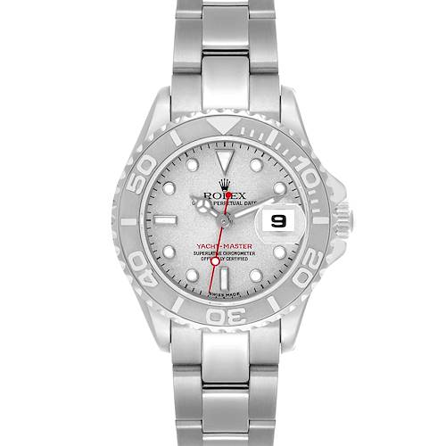 The Rolex Yacht-Master 169622 Women's Stainless Steel Silver Dial 169622 Women's Stainless Steel Silver Dial watch is shown from a front angle, displaying the dial, bezel, and bracelet.