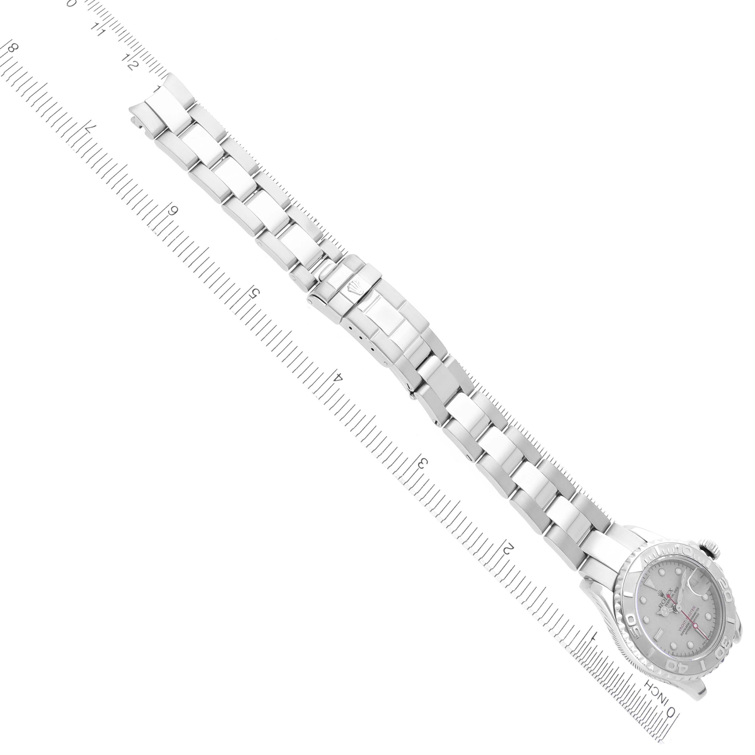 The image shows a Rolex Yacht-Master 169622 Women's Stainless Steel Silver Dial 169622 Women's Stainless Steel Silver Dial watch laid flat, displaying the full bracelet and face from an overhead angle.
