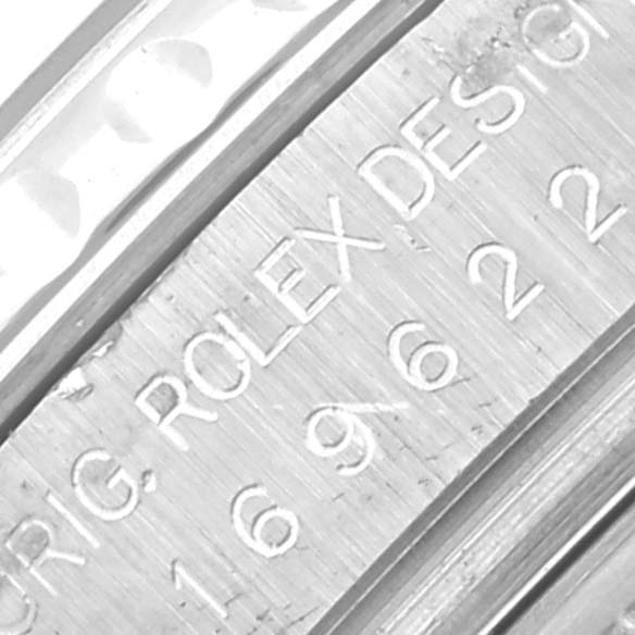 The image shows a close-up of the engraving on the side of a Rolex Yacht-Master 169622 Women's Stainless Steel Silver Dial 169622 Women's Stainless Steel Silver Dial watch case.