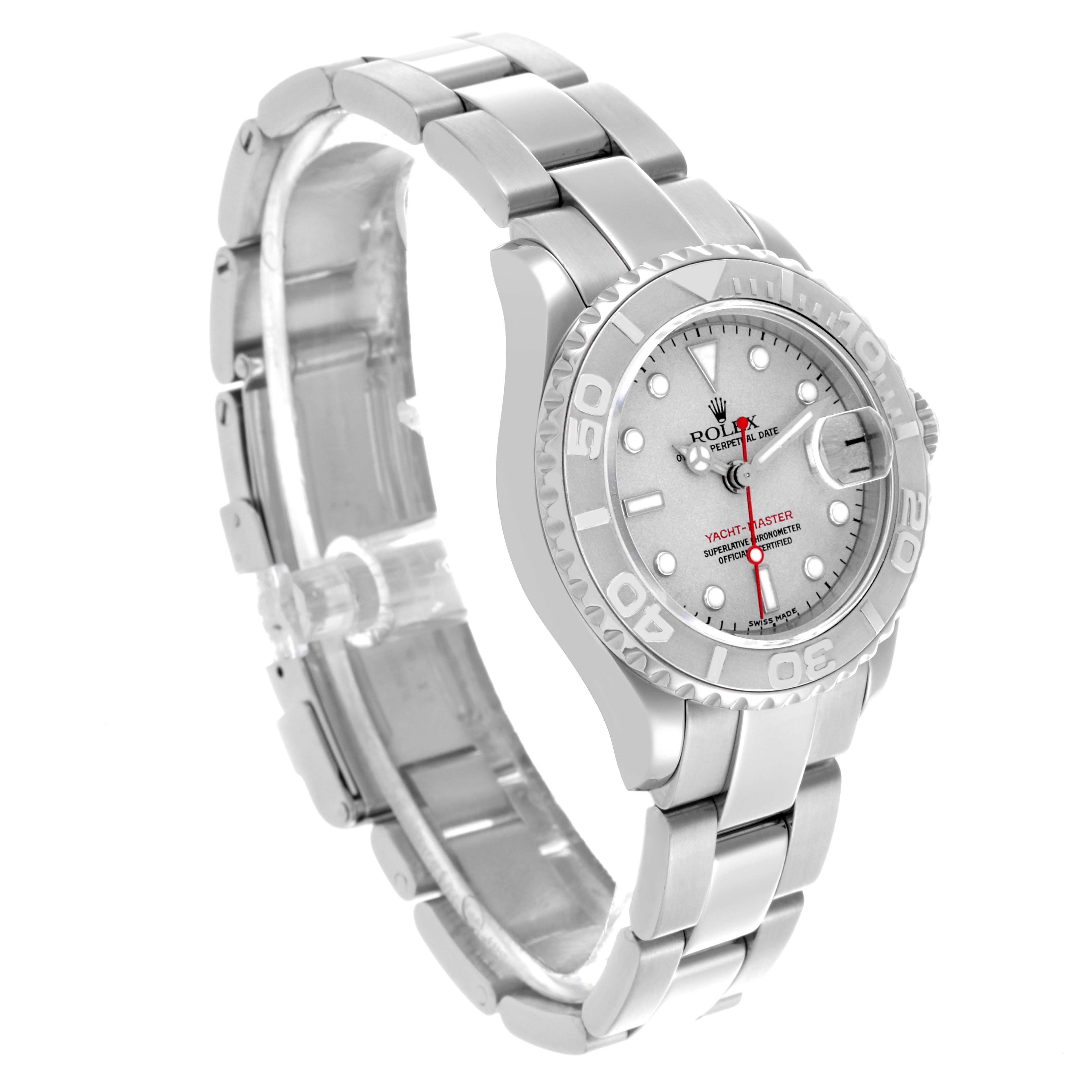 The Rolex Yacht-Master 169622 Women's Stainless Steel Silver Dial 169622 Women's Stainless Steel Silver Dial watch is shown at a three-quarter angle, displaying the face, bezel, and bracelet.