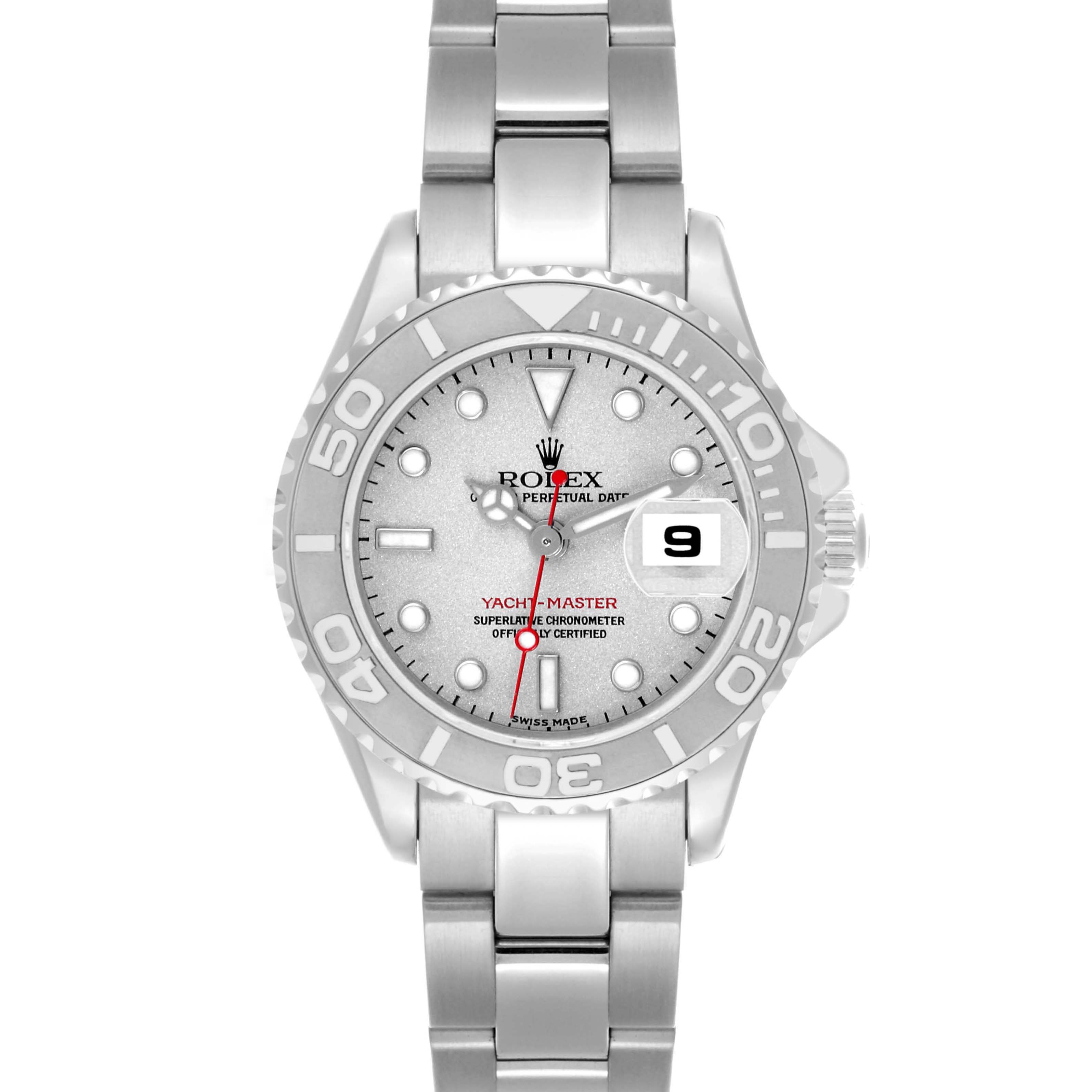 The Rolex Yacht-Master 169622 Women's Stainless Steel Silver Dial 169622 Women's Stainless Steel Silver Dial watch is shown from a front view, displaying the dial, bezel, bracelet, and date window clearly.
