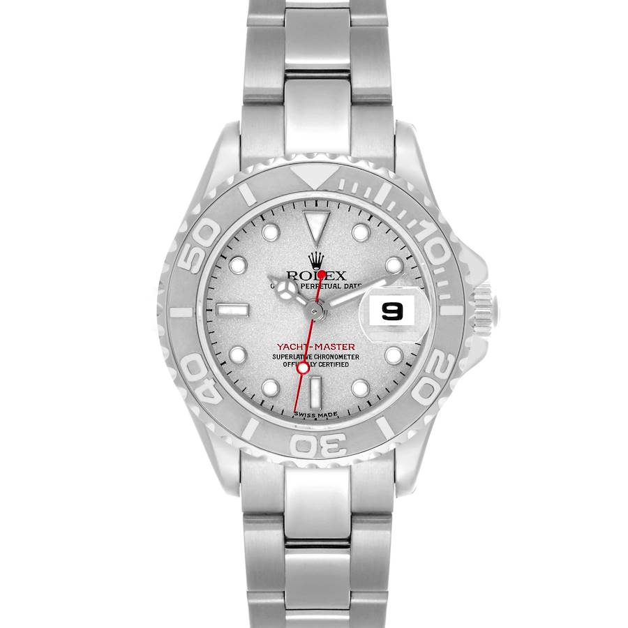 The Rolex Yacht-Master 169622 Women's Stainless Steel Silver Dial 169622 Women's Stainless Steel Silver Dial watch is shown from a front view, displaying the dial, bezel, bracelet, and date window clearly.