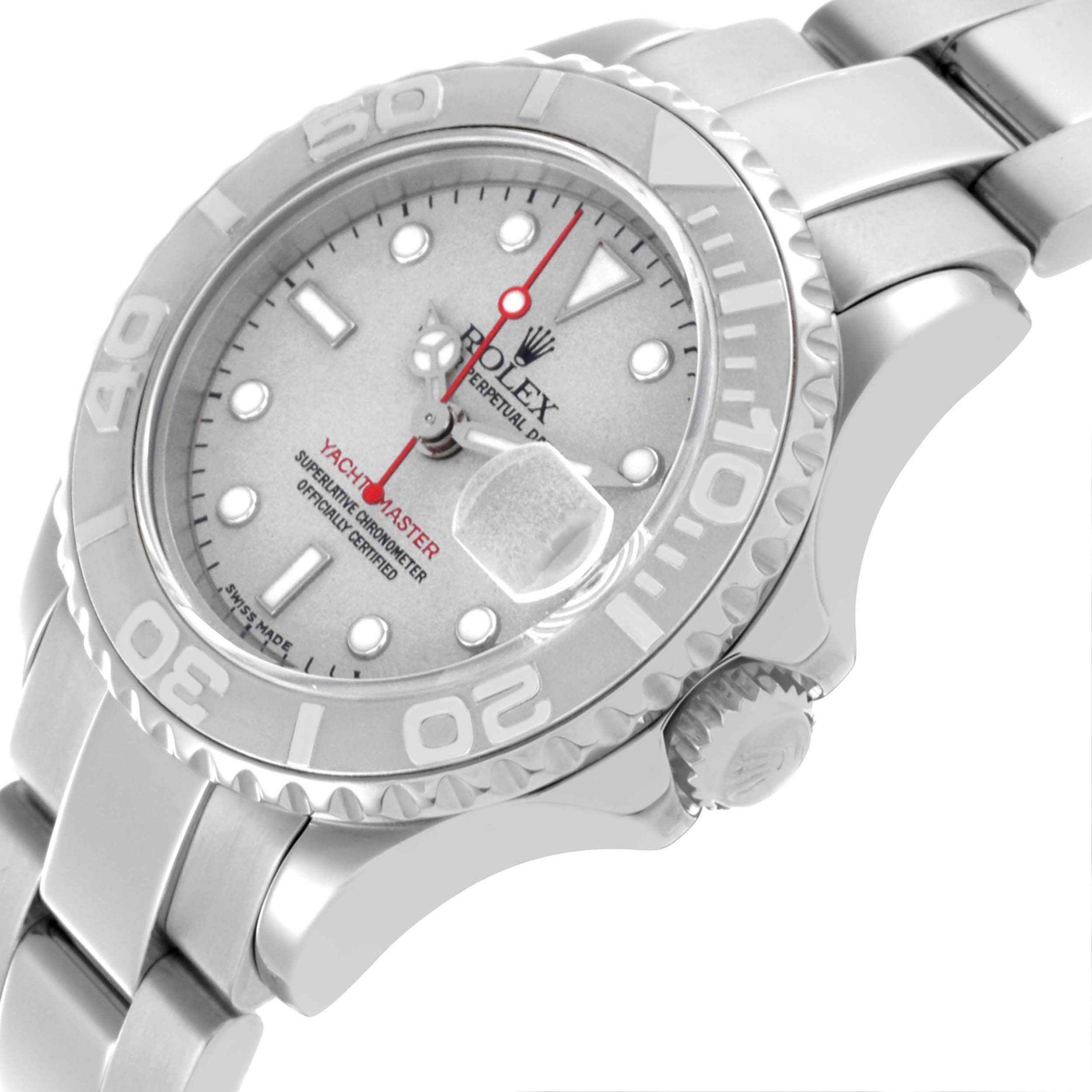 The image shows the Rolex Yacht-Master 169622 Women's Stainless Steel Silver Dial 169622 Women's Stainless Steel Silver Dial from a tilted angle, highlighting the bezel, dial, crown, and bracelet.