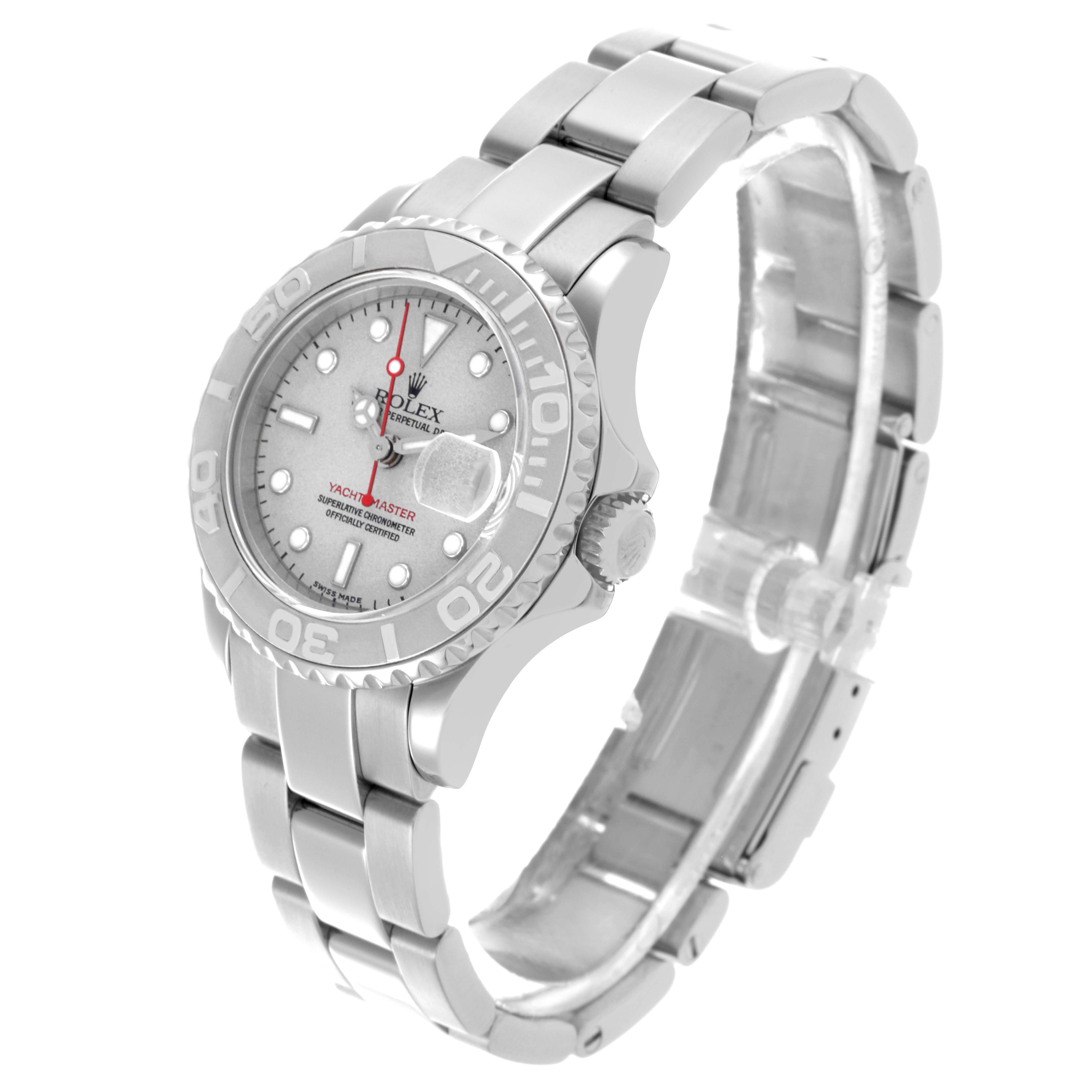 The Rolex Yacht-Master 169622 Women's Stainless Steel Silver Dial 169622 Women's Stainless Steel Silver Dial watch is shown at a three-quarter angle, highlighting the bezel, dial, crown, and bracelet.