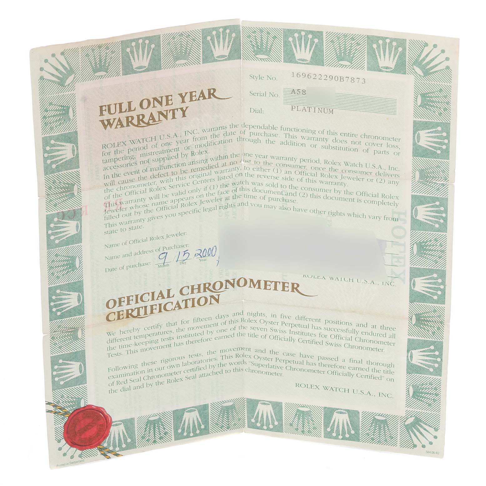 The image shows a Rolex Yacht-Master 169622 Women's Stainless Steel Silver Dial 169622 Women's Stainless Steel Silver Dial warranty card with official chronometer certification.