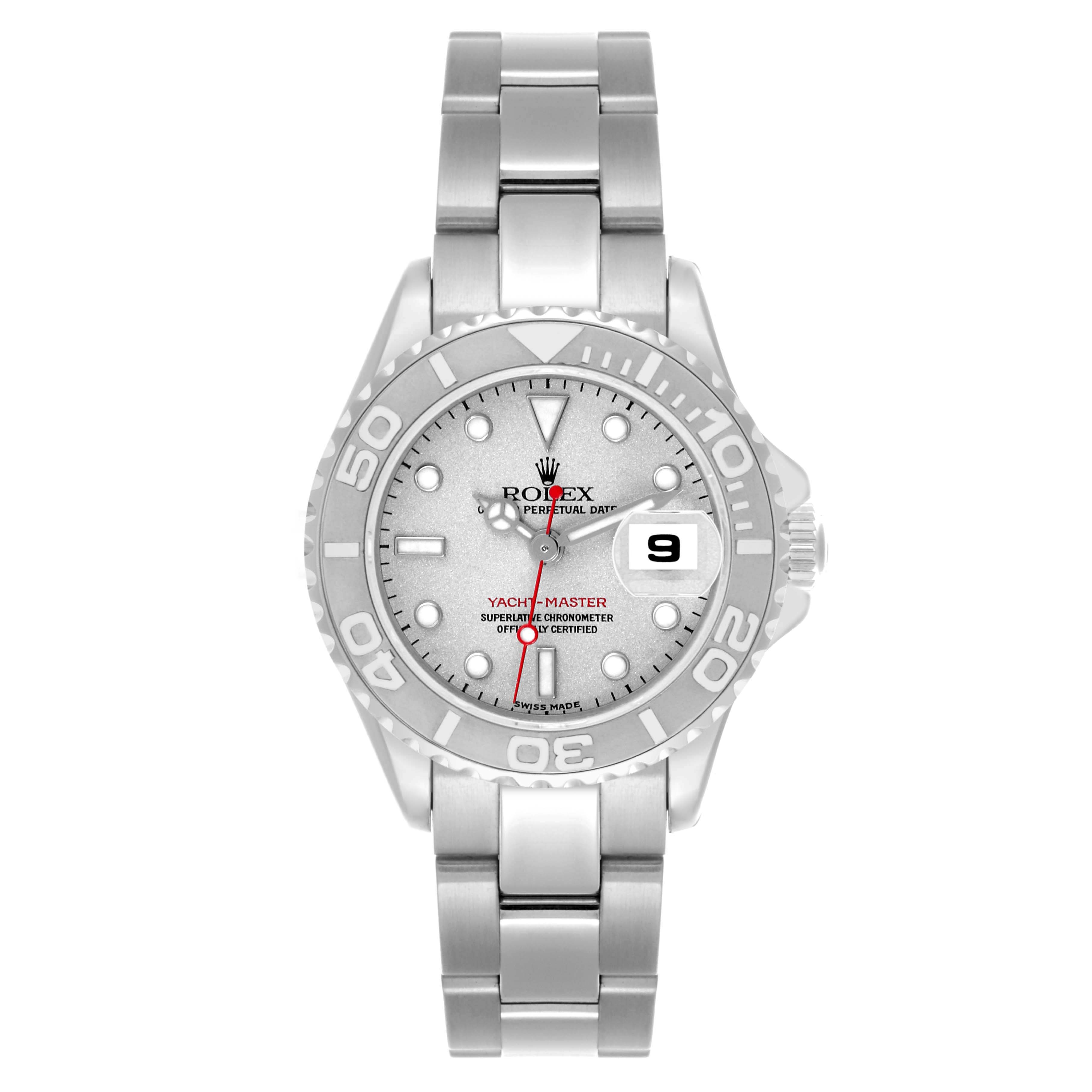 The Rolex Yacht-Master 169622 Women's Stainless Steel Silver Dial 169622 Women's Stainless Steel Silver Dial is shown from a top view, displaying the dial, bezel, and bracelet.