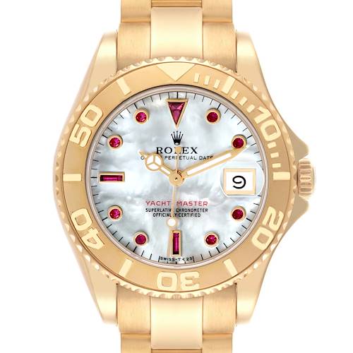 The Rolex Mid-Size Yacht-Master watch is shown from the front, highlighting the dial, bezel, and bracelet.