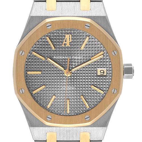 This image shows the front view of an Audemars Piguet Royal Oak 14790SA.OO.0789SA.01 Men's Steel and Gold (two tone) Grey Dial 14790SA.OO.0789SA.01 Men's Steel and Gold (two tone) Grey Dial watch, featuring the dial, hands, date window, and part of the bracelet.
