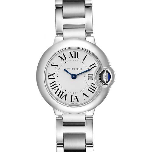 The image shows a frontal view of the Cartier Ballon Bleu W69010Z4 Women's Stainless Steel Silver Dial W69010Z4 Women's Stainless Steel Silver Dial watch, highlighting its face, Roman numerals, and metal bracelet.