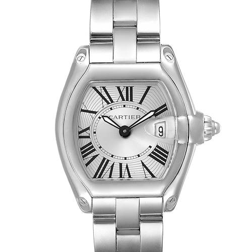 This image shows a frontal view of the Cartier Roadster W62016V3 Women's Stainless Steel Silver Dial W62016V3 Women's Stainless Steel Silver Dial watch, highlighting its face, bracelet, and date window.