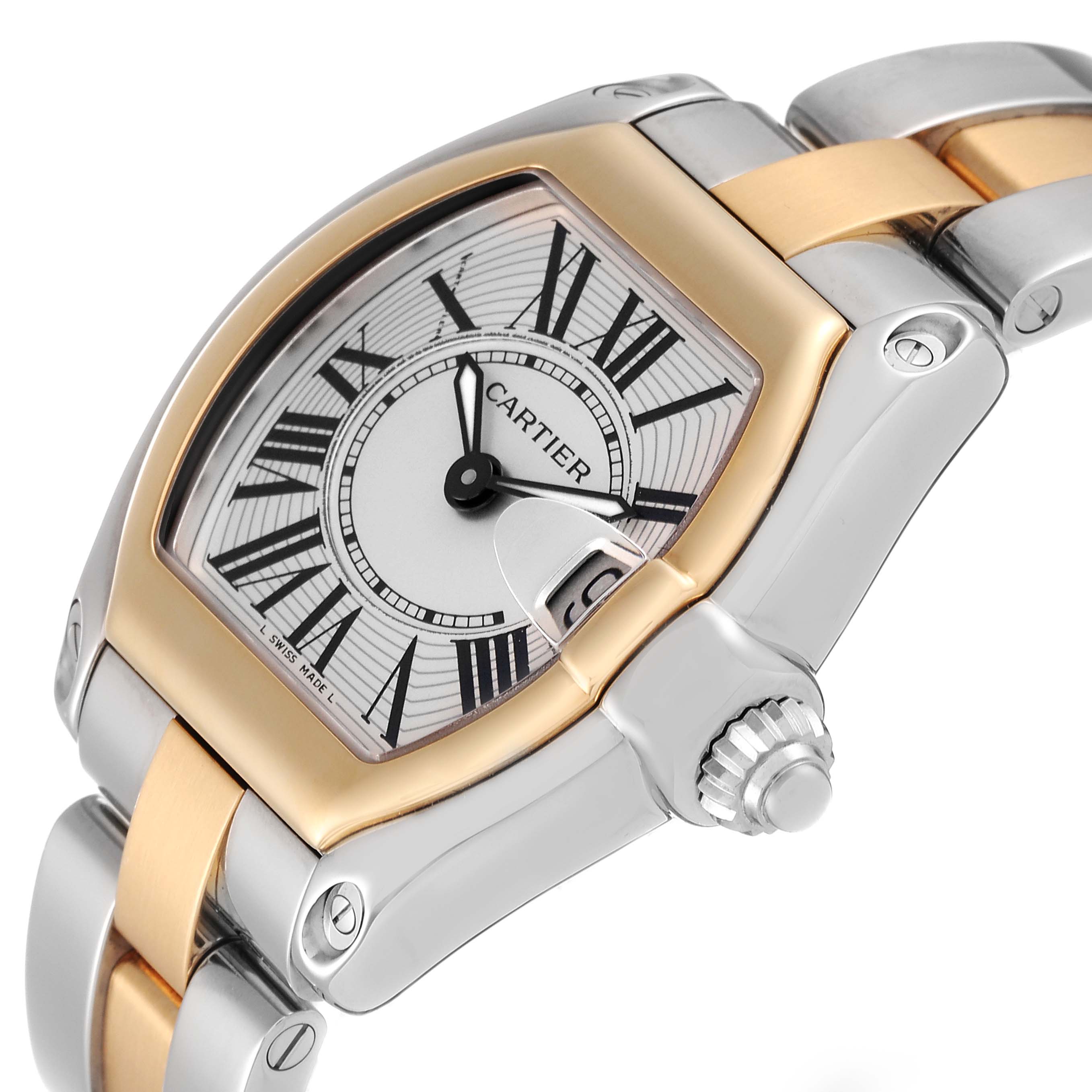 This image shows a close-up angle of the Cartier Roadster W62026Y4 Women's Steel and Gold (two tone) Silver Dial W62026Y4 Women's Steel and Gold (two tone) Silver Dial watch, highlighting the dial, bezel, crown, and part of the bracelet.