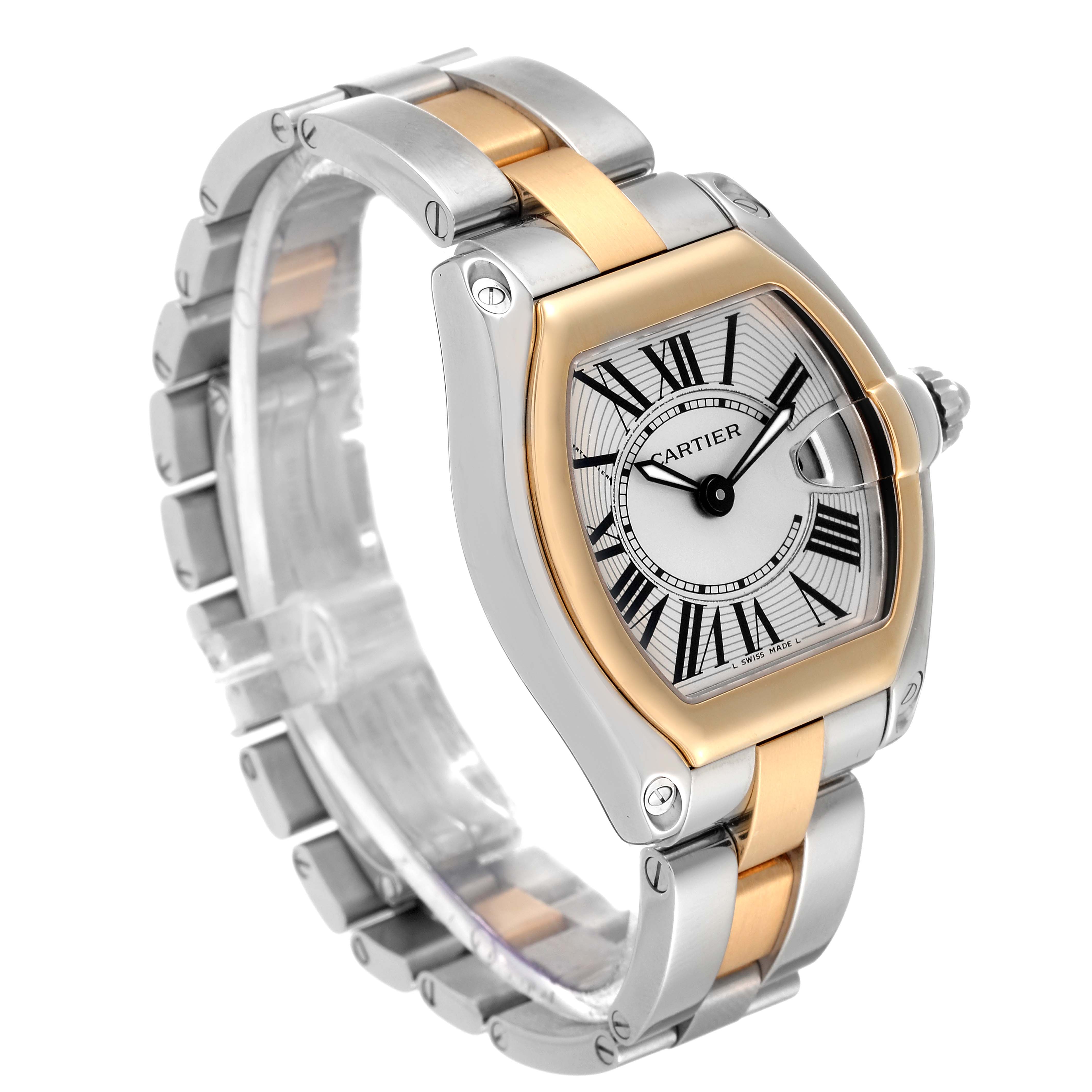 The image shows a three-quarter view of the Cartier Roadster W62026Y4 Women's Steel and Gold (two tone) Silver Dial W62026Y4 Women's Steel and Gold (two tone) Silver Dial watch, highlighting its dial, bezel, and two-tone bracelet.