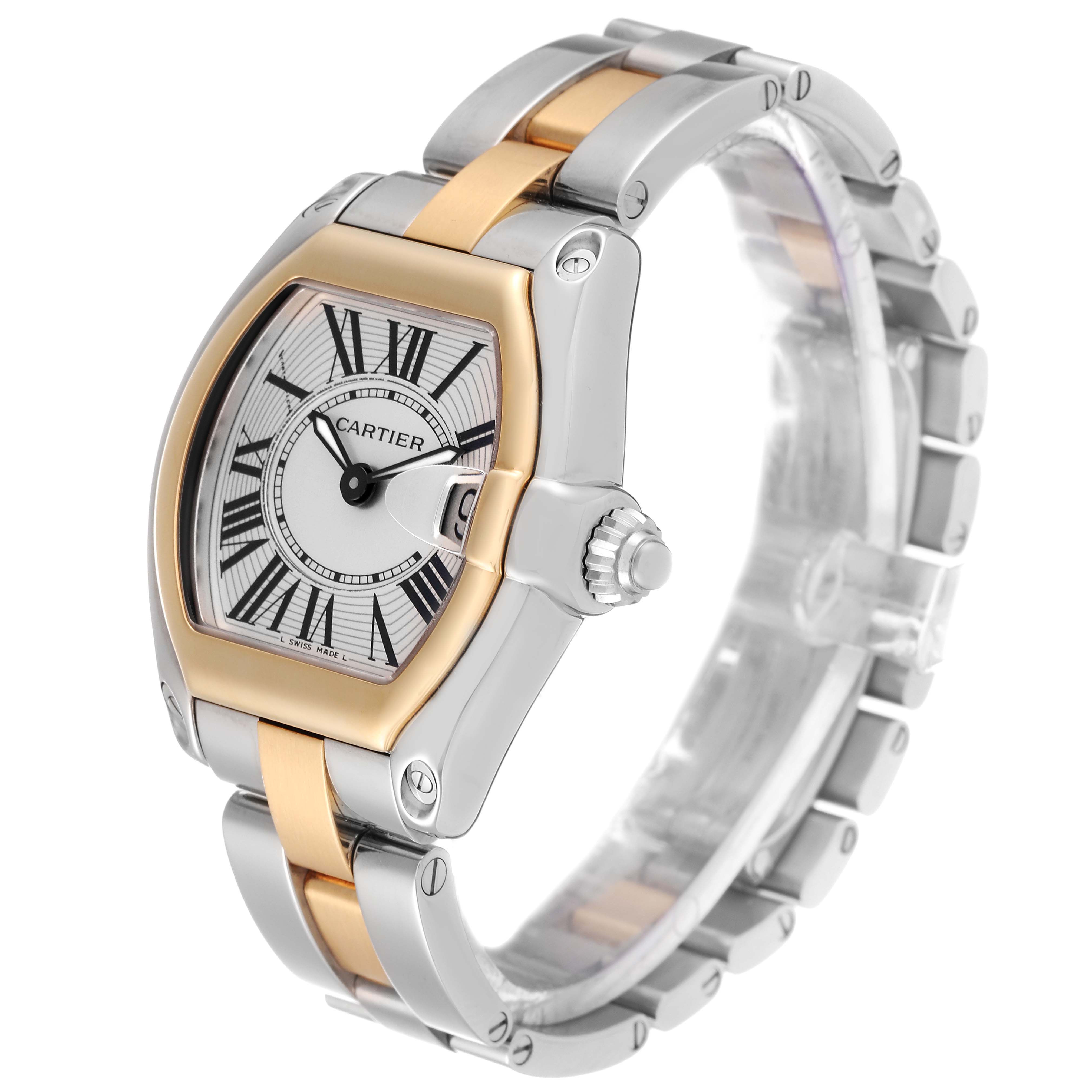 The Cartier Roadster W62026Y4 Women's Steel and Gold (two tone) Silver Dial W62026Y4 Women's Steel and Gold (two tone) Silver Dial watch is shown at a three-quarter angle, displaying its face, crown, and two-tone metal bracelet.