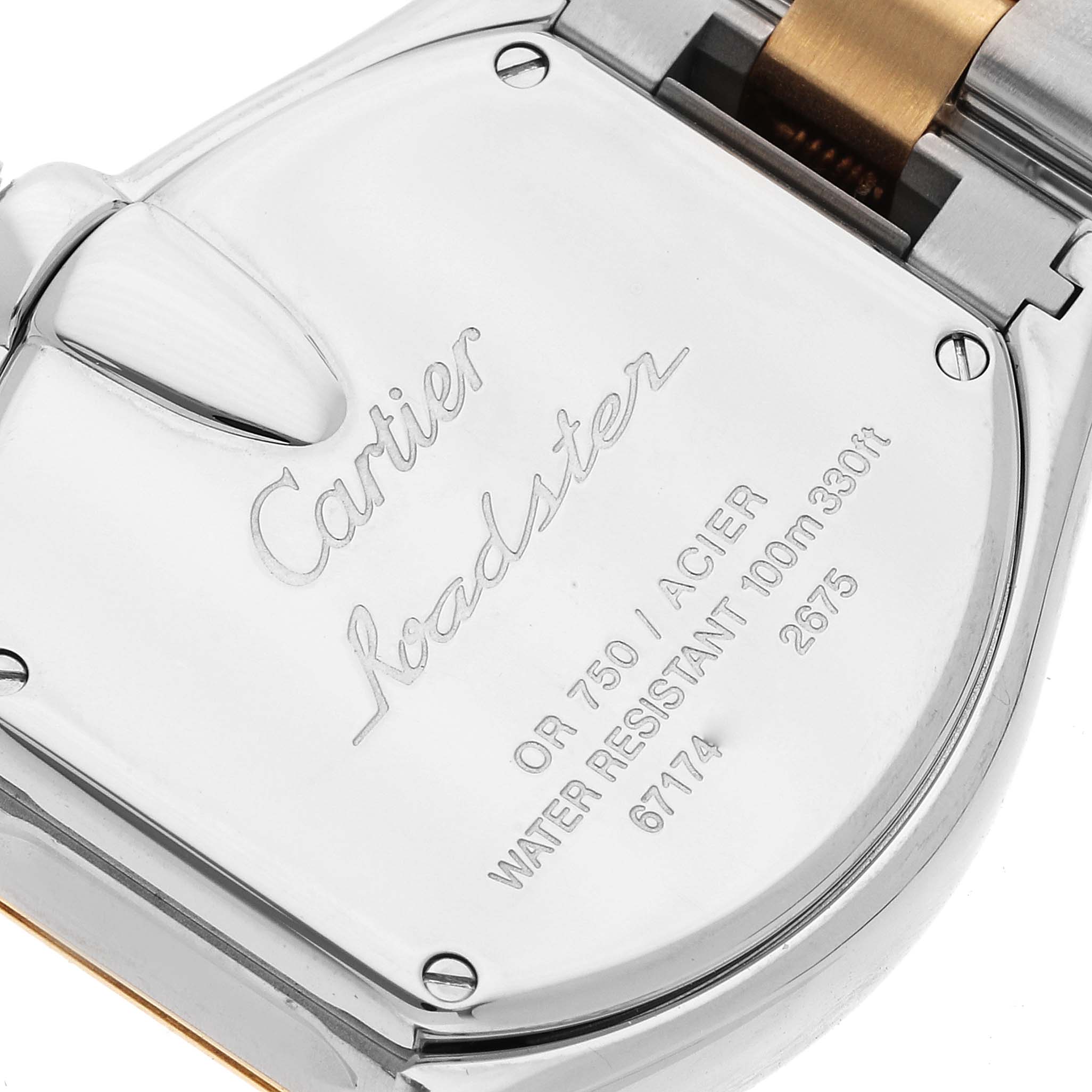 This image shows the back case of a Cartier Roadster W62026Y4 Women's Steel and Gold (two tone) Silver Dial W62026Y4 Women's Steel and Gold (two tone) Silver Dial watch, displaying the model details and water resistance level.