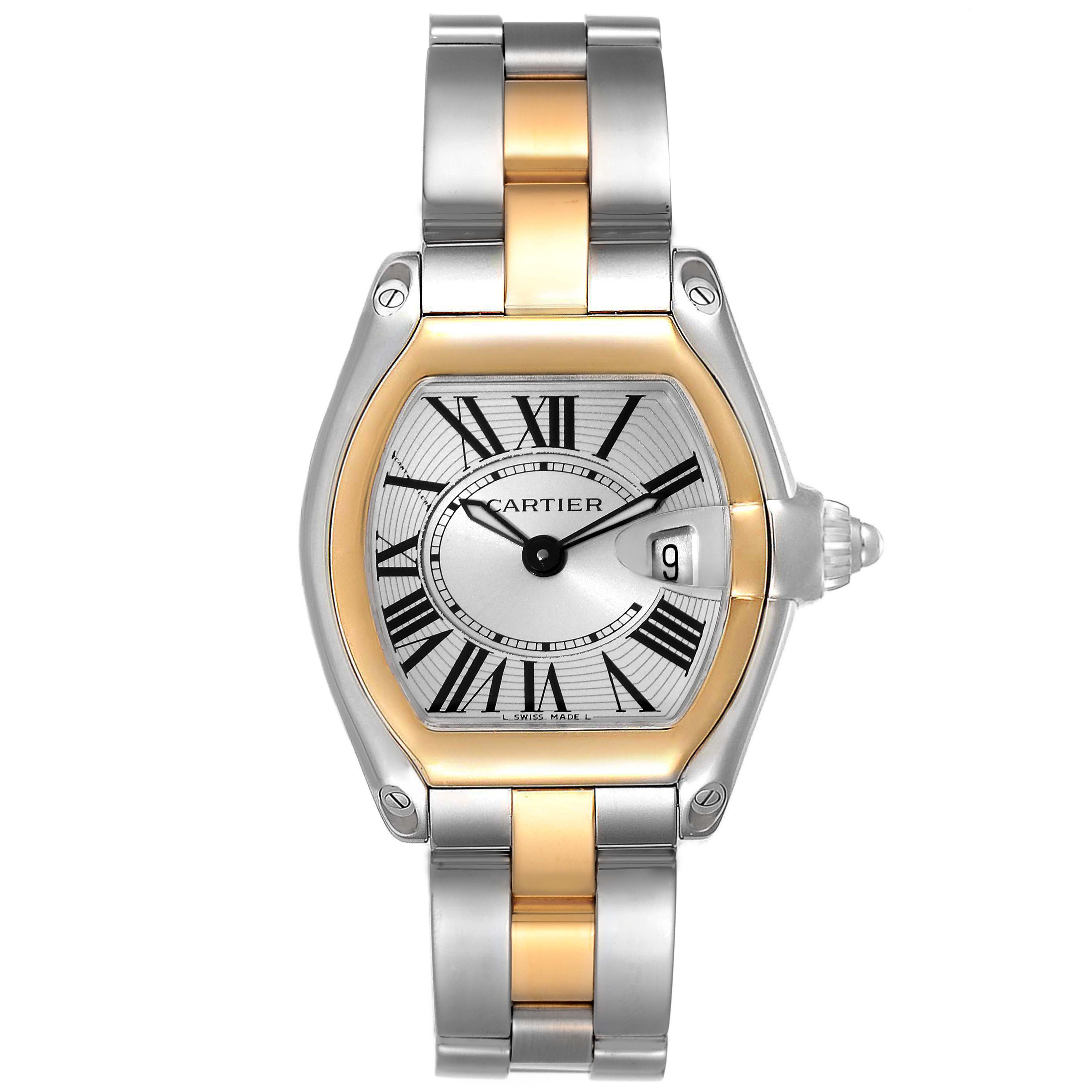 This is a front view of the Cartier Roadster W62026Y4 Women's Steel and Gold (two tone) Silver Dial W62026Y4 Women's Steel and Gold (two tone) Silver Dial watch, showing the face, bezel, crown, and bracelet.