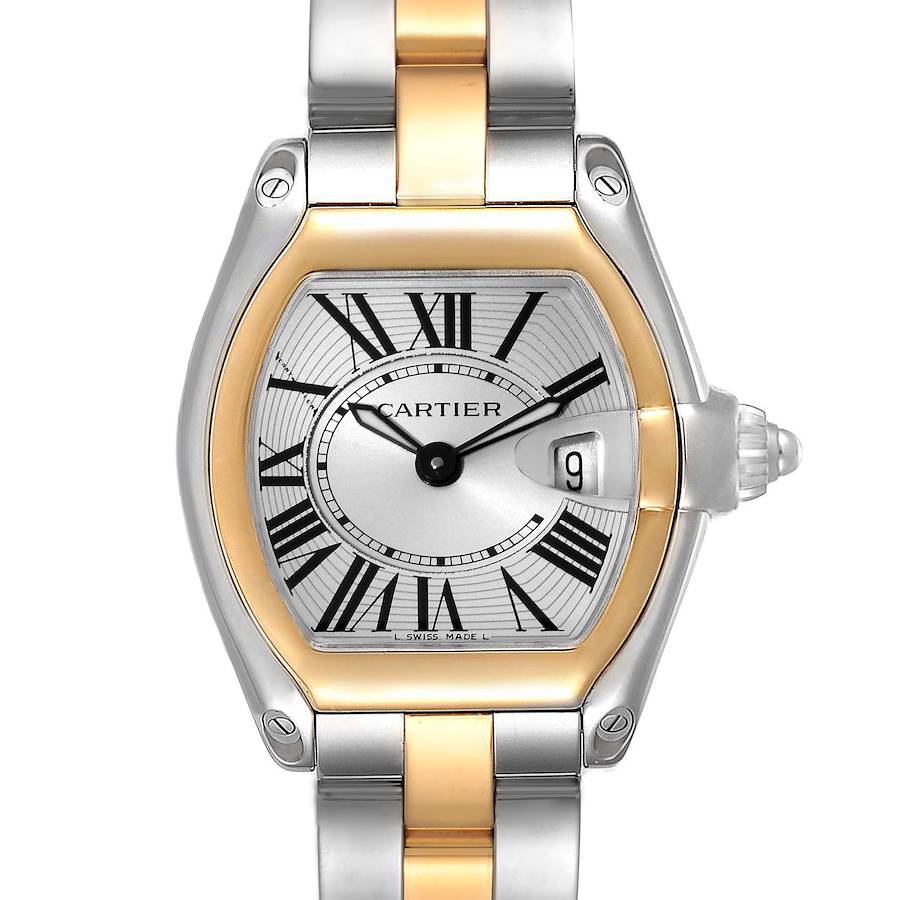 The image shows a front view of the Cartier Roadster W62026Y4 Women's Steel and Gold (two tone) Silver Dial W62026Y4 Women's Steel and Gold (two tone) Silver Dial watch, highlighting its gold and silver bracelet and Roman numeral dial.