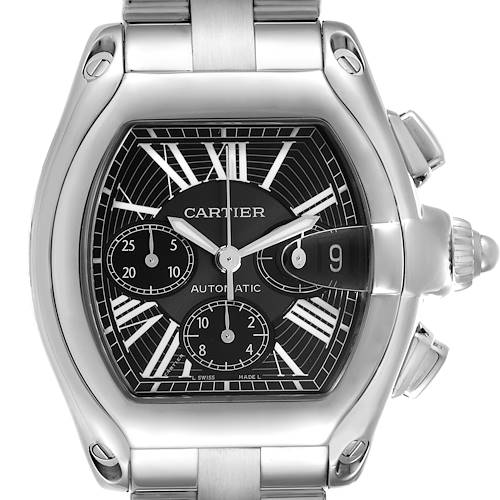 The image shows a front view of a Cartier Roadster W62020X6 Men's Stainless Steel Black Dial W62020X6 Men's Stainless Steel Black Dial watch, highlighting its face, crown, and part of the bracelet.