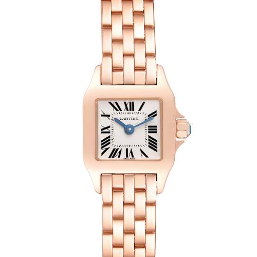 The Cartier Santos Demoiselle W25077X9 Women's Rose Gold Silver Dial W25077X9 Women's Rose Gold Silver Dial watch is shown from a front angle highlighting the face, hands, bezel, and bracelet.