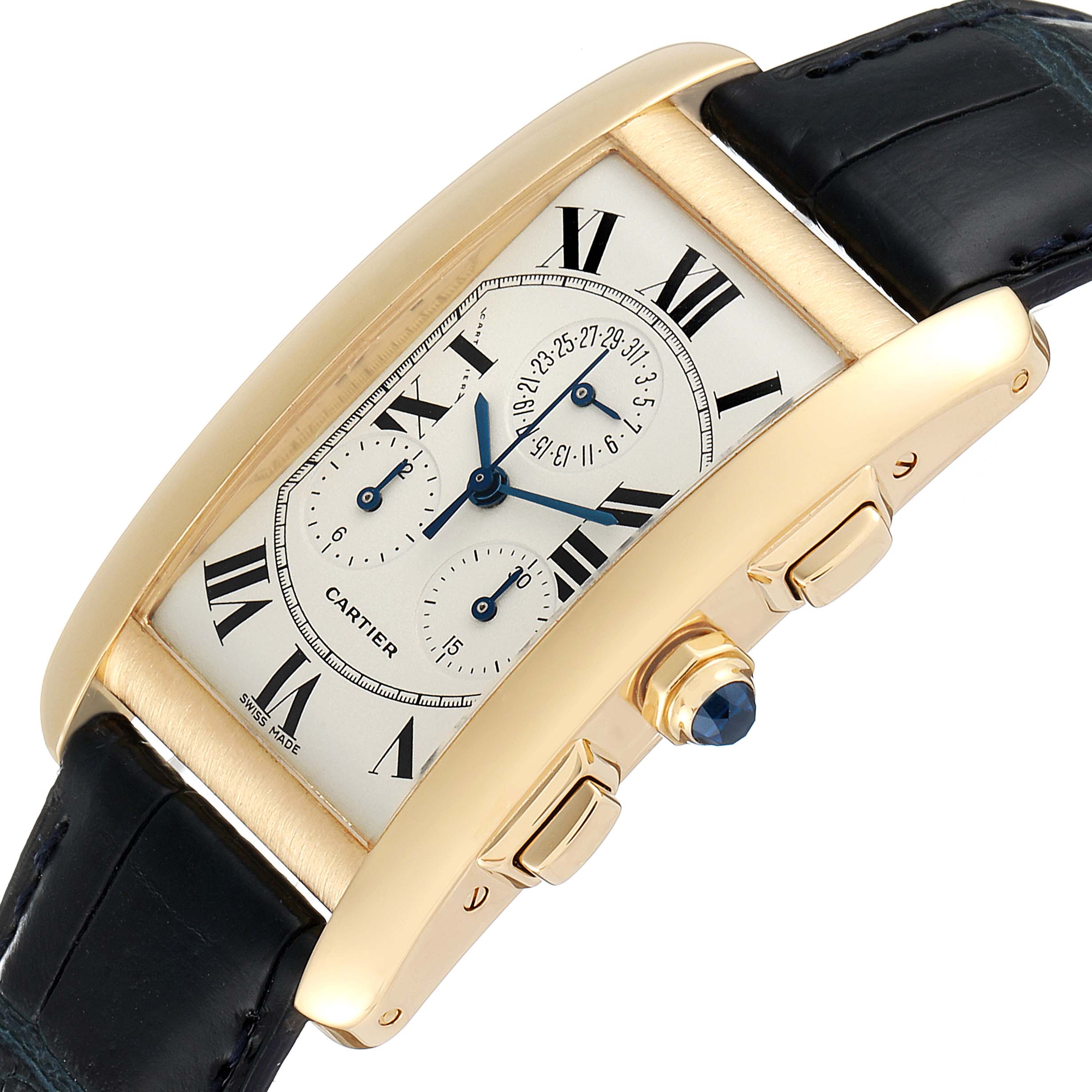 The image shows a Cartier Tank Americaine W2601156 Men's Yellow Gold Silver Dial W2601156 Men's Yellow Gold Silver Dial watch at an angle emphasizing the gold casing, multiple dials, and black leather strap.