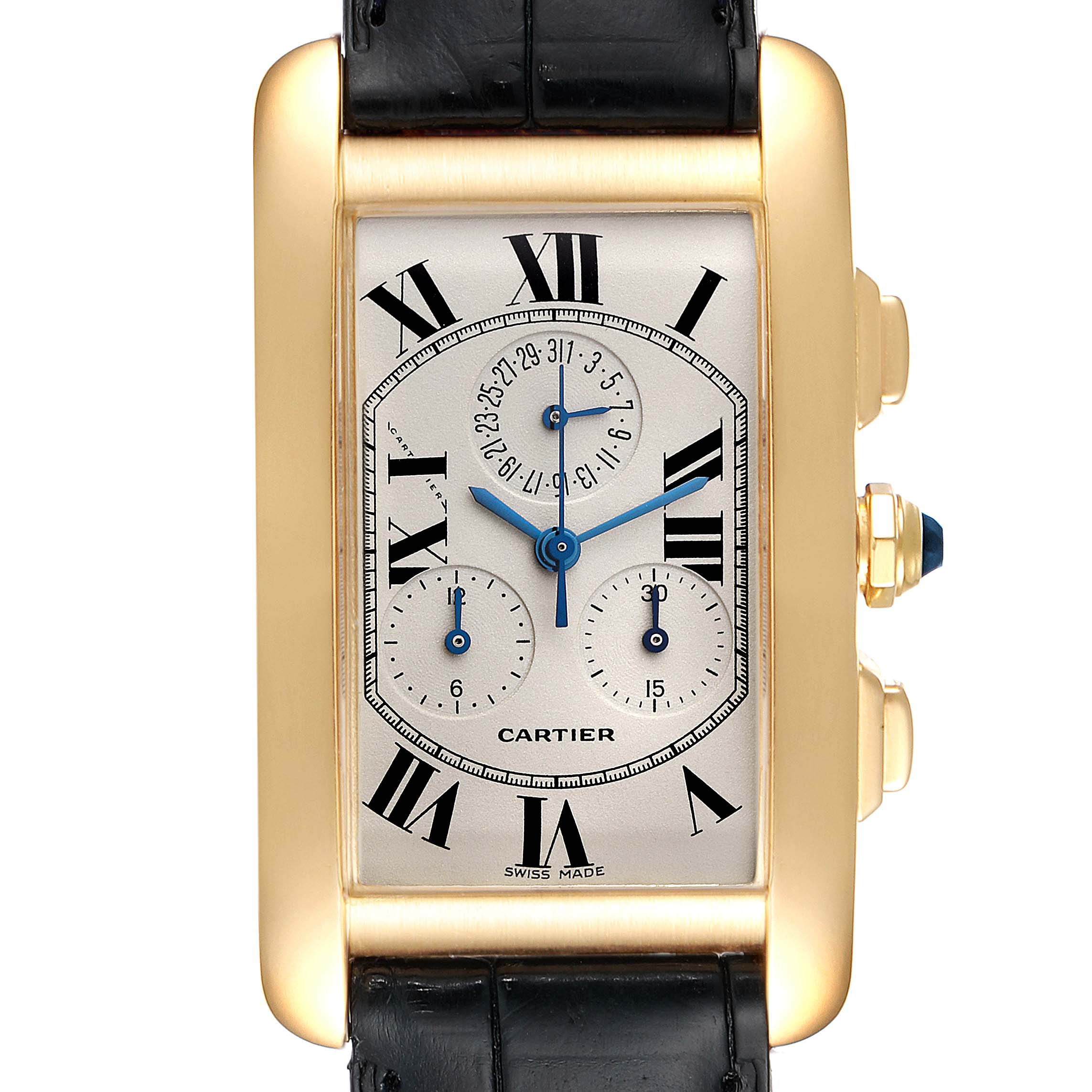 The image shows a Cartier Tank Americaine W2601156 Men's Yellow Gold Silver Dial W2601156 Men's Yellow Gold Silver Dial watch face and side profile, highlighting its rectangular dial and gold casing.