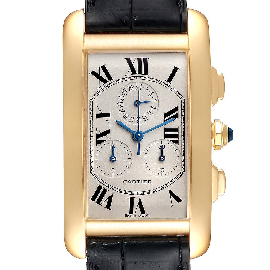 The image shows a Cartier Tank Americaine W2601156 Men's Yellow Gold Silver Dial W2601156 Men's Yellow Gold Silver Dial watch face and side profile, highlighting its rectangular dial and gold casing.