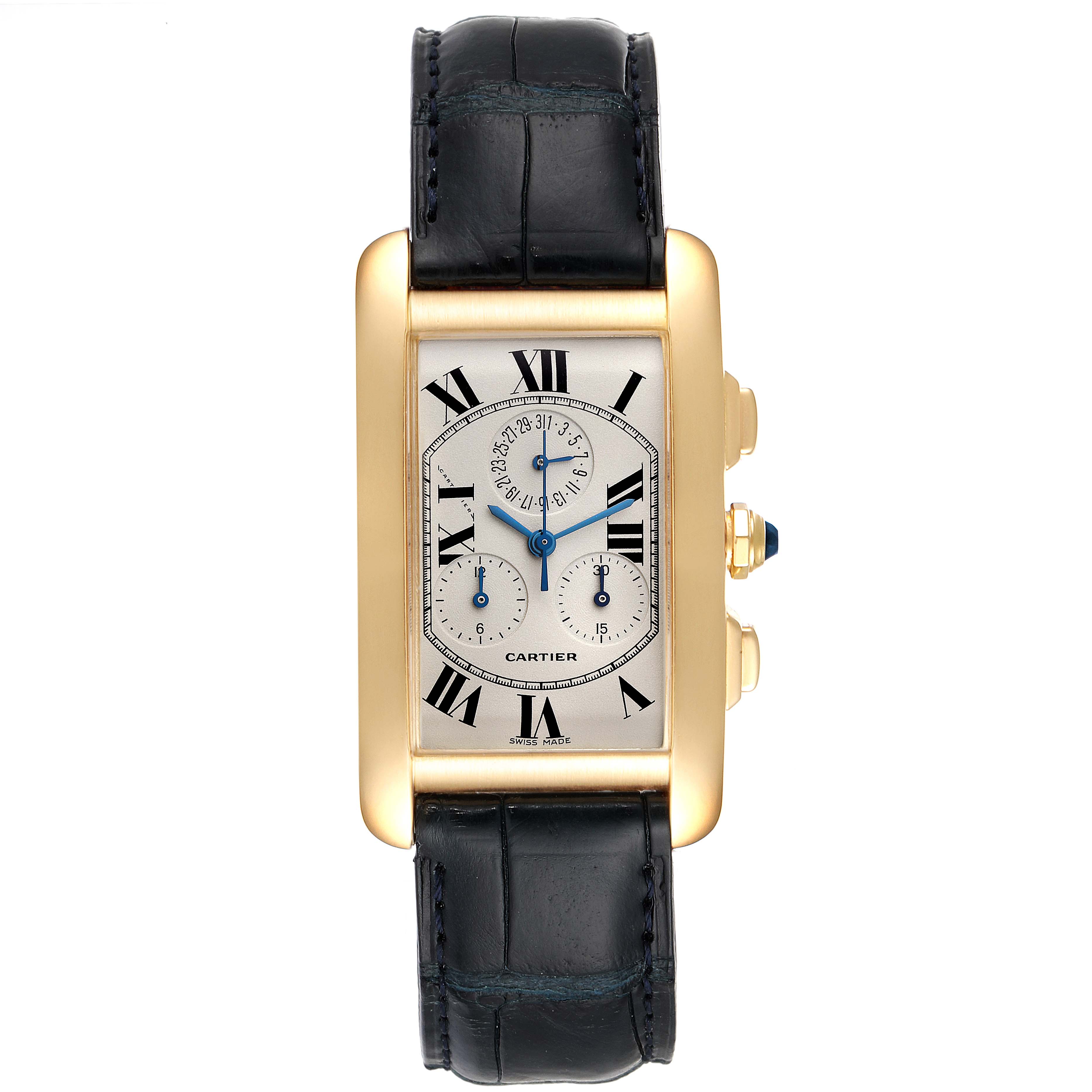 This is a straight-on view of the Cartier Tank Americaine W2601156 Men's Yellow Gold Silver Dial W2601156 Men's Yellow Gold Silver Dial watch, showcasing its face, leather strap, and side buttons.