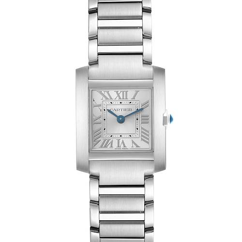 The Cartier Tank Francaise WSTA0065 Women's Stainless Steel Silver Dial WSTA0065 Women's Stainless Steel Silver Dial watch is shown from a front angle, highlighting its square face and metal bracelet.